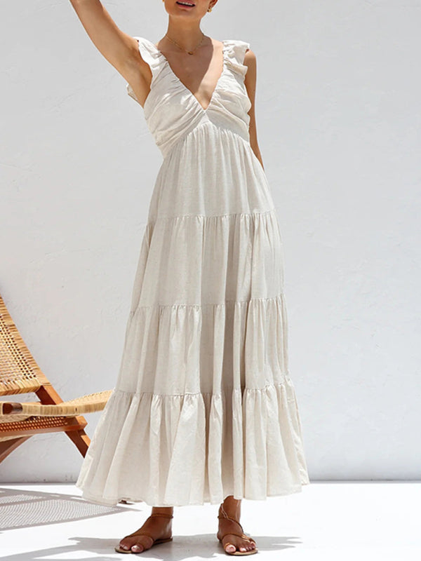 V-Neck Cotton Sleeveless Beach Dress – Graceful Fit for Holidays