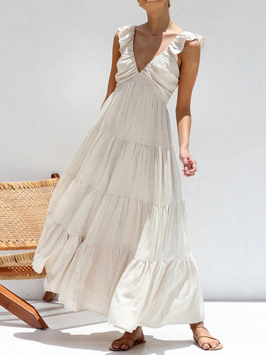 V-Neck Cotton Sleeveless Beach Dress – Graceful Fit for Holidays