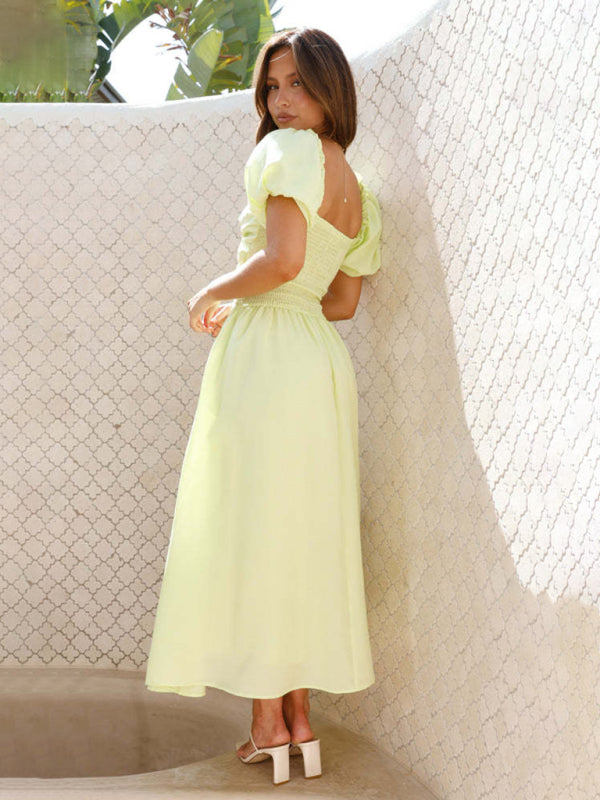 Yellow Puff Sleeve Midi Beach Dress – Hollow Back & Elegant Summer Fit