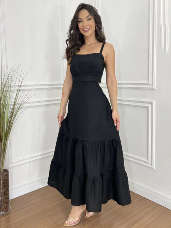 Solid Color Suspender Midi Dress – Chic Woven Polyester for Spring & Summer