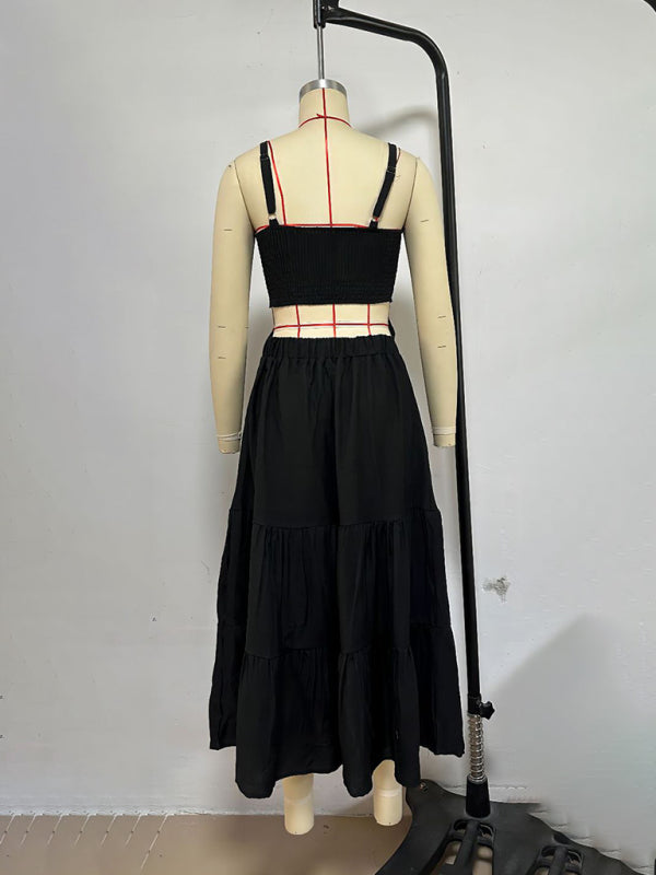 Solid Color Suspender Midi Dress – Chic Woven Polyester for Spring & Summer