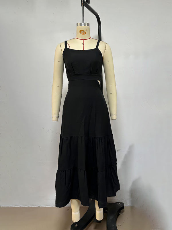 Solid Color Suspender Midi Dress – Chic Woven Polyester for Spring & Summer