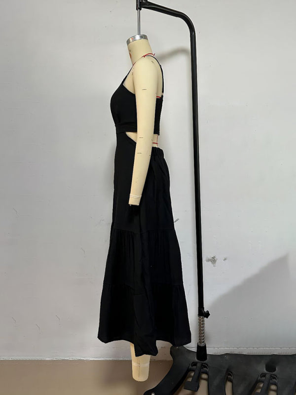 Solid Color Suspender Midi Dress – Chic Woven Polyester for Spring & Summer