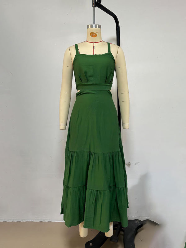 Solid Color Suspender Midi Dress – Chic Woven Polyester for Spring & Summer