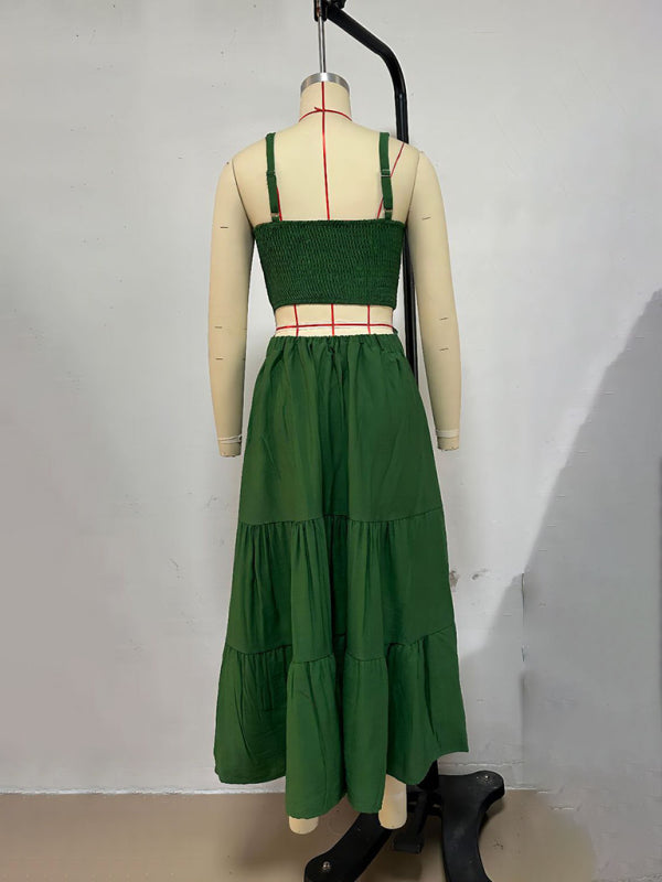 Solid Color Suspender Midi Dress – Chic Woven Polyester for Spring & Summer