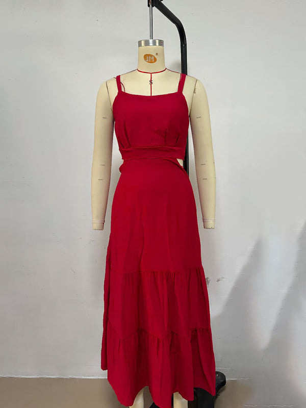 Solid Color Suspender Midi Dress – Chic Woven Polyester for Spring & Summer