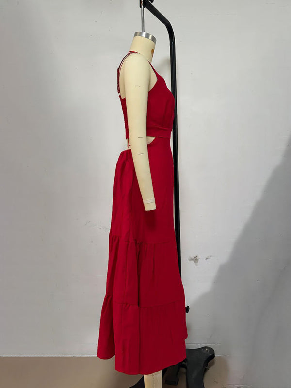 Solid Color Suspender Midi Dress – Chic Woven Polyester for Spring & Summer
