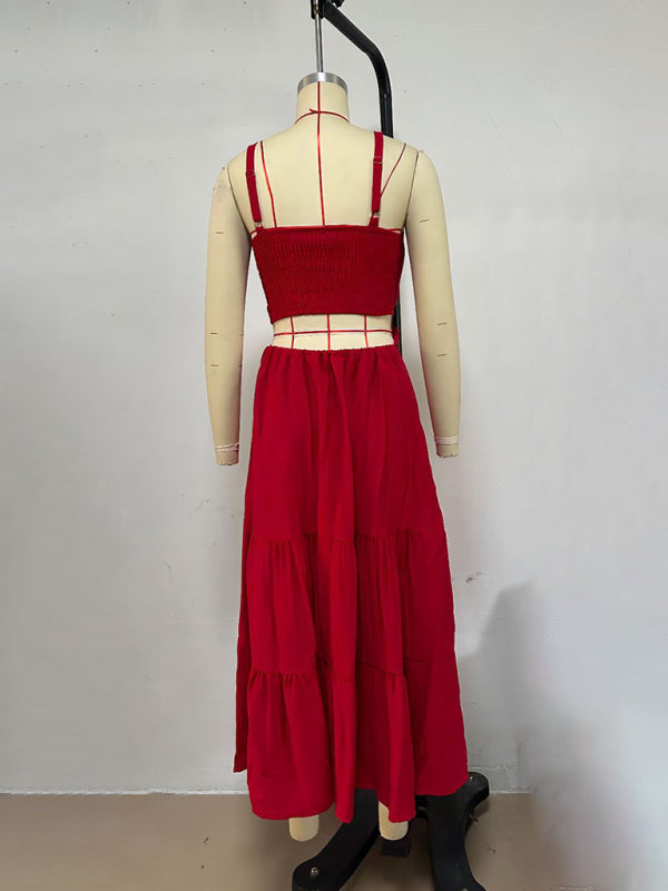 Solid Color Suspender Midi Dress – Chic Woven Polyester for Spring & Summer
