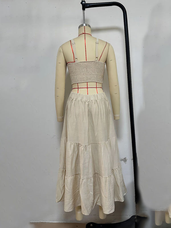 Solid Color Suspender Midi Dress – Chic Woven Polyester for Spring & Summer