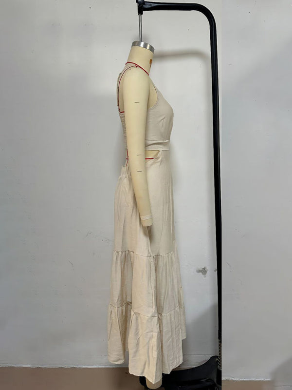 Solid Color Suspender Midi Dress – Chic Woven Polyester for Spring & Summer