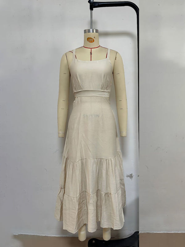 Solid Color Suspender Midi Dress – Chic Woven Polyester for Spring & Summer