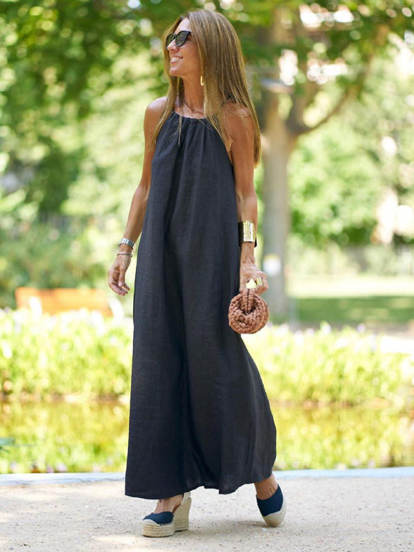 Halter Neck Resort Midi Dress – Cotton-Linen Blend with Side Slit