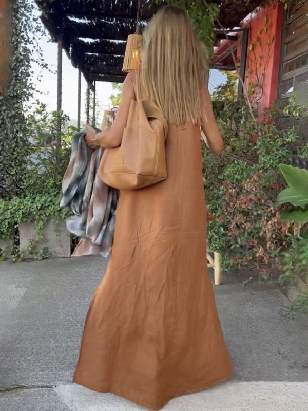 Halter Neck Resort Midi Dress – Cotton-Linen Blend with Side Slit