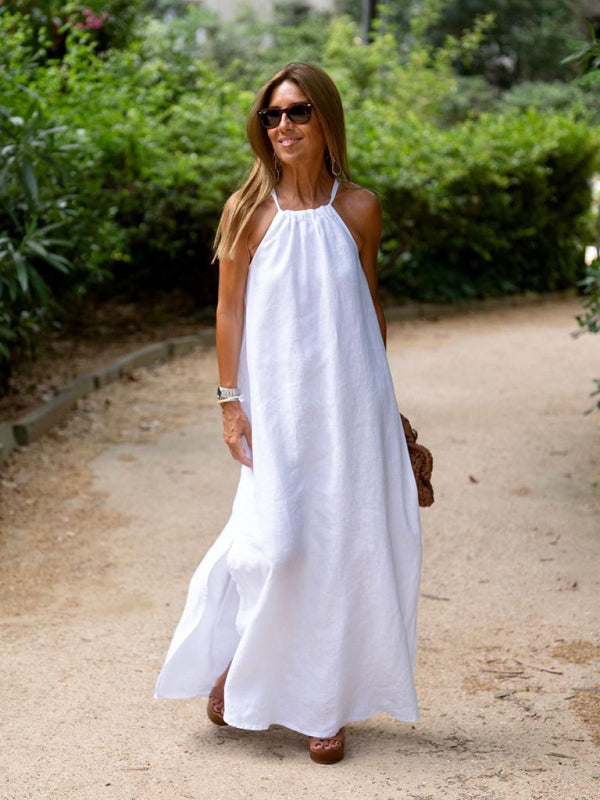 Halter Neck Resort Midi Dress – Cotton-Linen Blend with Side Slit