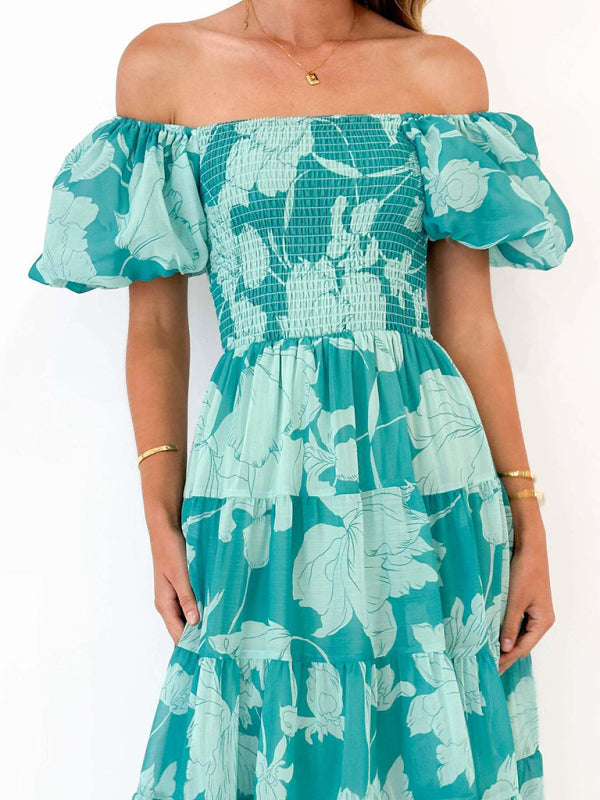 Chiffon One-Shoulder Printed Midi Dress – Puff Sleeve & Layered Waist