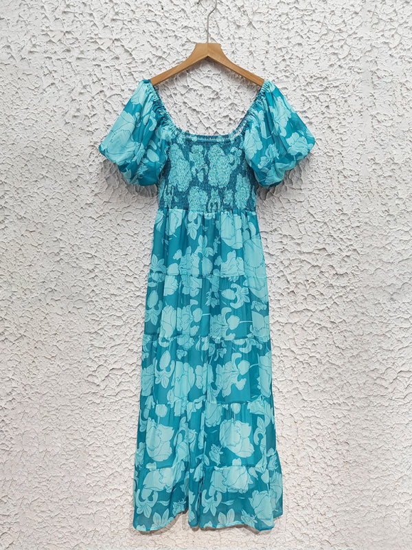 Chiffon One-Shoulder Printed Midi Dress – Puff Sleeve & Layered Waist