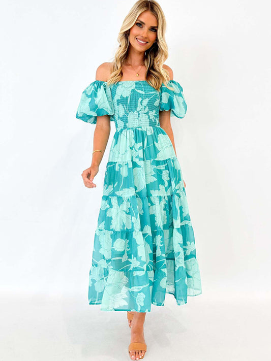 Chiffon One-Shoulder Printed Midi Dress – Puff Sleeve & Layered Waist