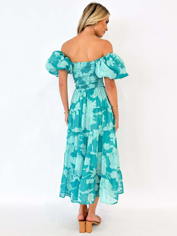 Chiffon One-Shoulder Printed Midi Dress – Puff Sleeve & Layered Waist