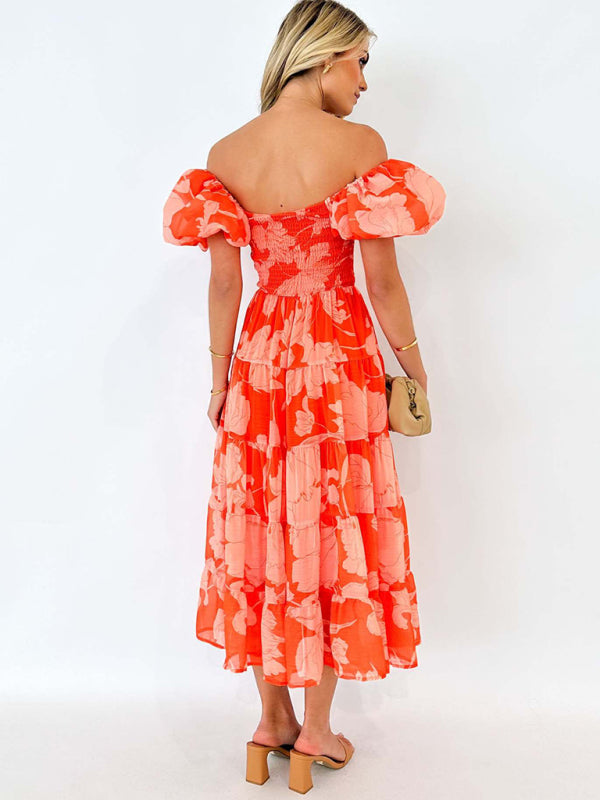 Chiffon One-Shoulder Printed Midi Dress – Puff Sleeve & Layered Waist