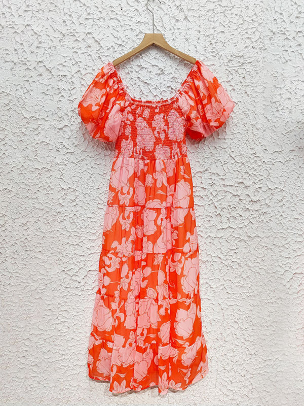 Chiffon One-Shoulder Printed Midi Dress – Puff Sleeve & Layered Waist