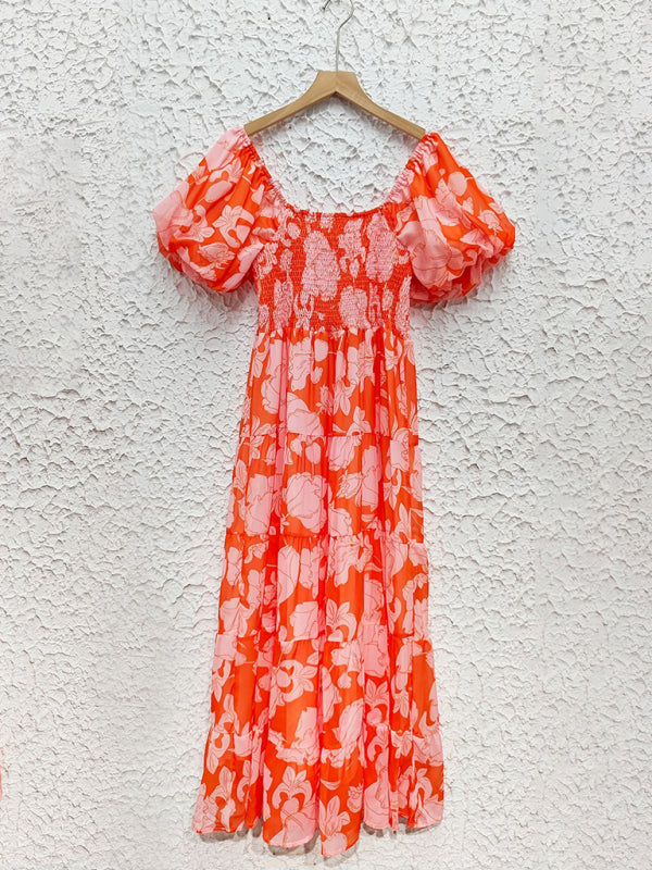 Chiffon One-Shoulder Printed Midi Dress – Puff Sleeve & Layered Waist