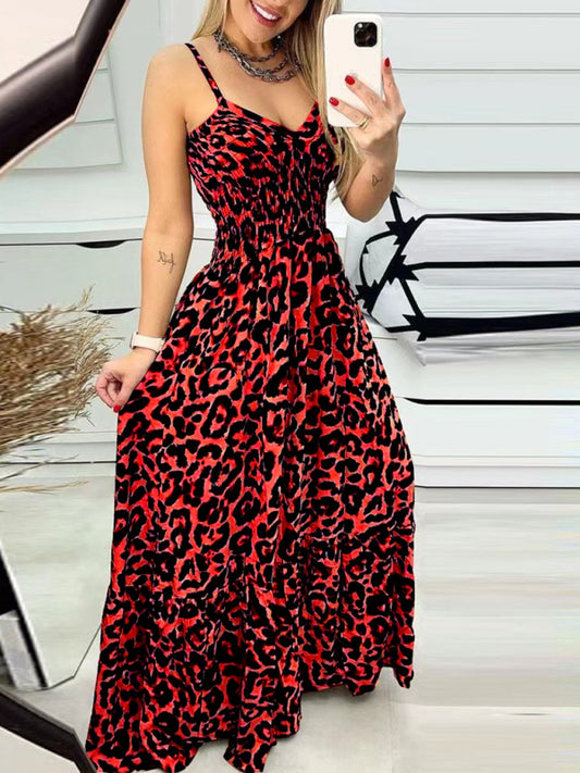 Leopard Print V-Neck Maxi Dress – Flowy Fit, Spring-Summer Style