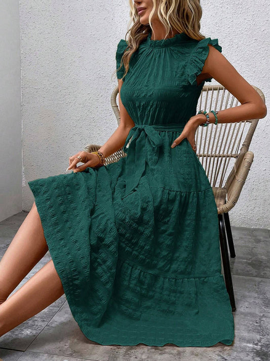 Textured Midi Dress with Ruffled Sleeves and Lace-Up Waist – Spring Summer Style