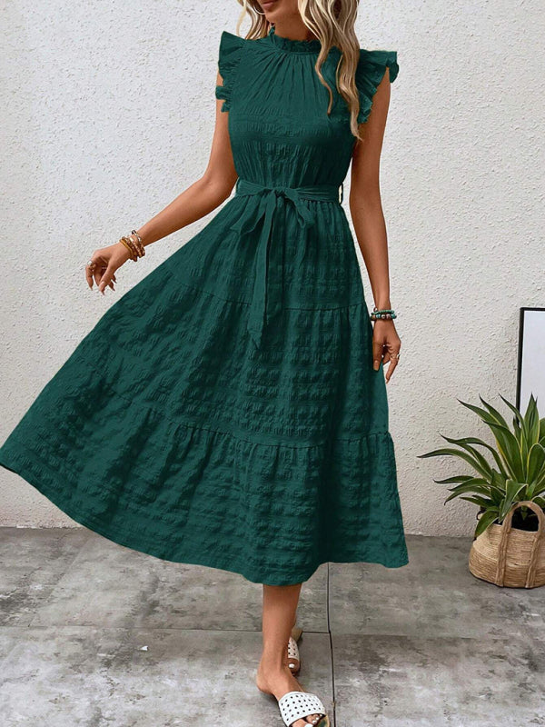 Textured Midi Dress with Ruffled Sleeves and Lace-Up Waist – Spring Summer Style