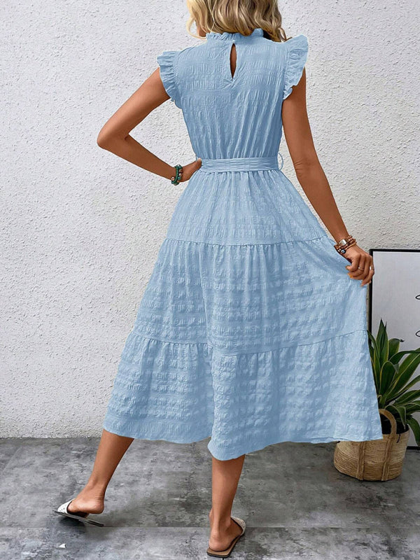 Textured Midi Dress with Ruffled Sleeves and Lace-Up Waist – Spring Summer Style