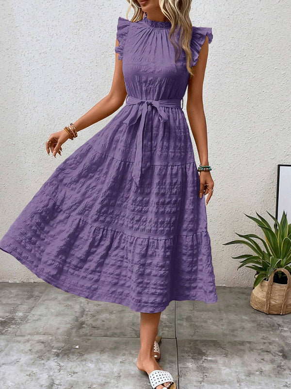 Textured Midi Dress with Ruffled Sleeves and Lace-Up Waist – Spring Summer Style