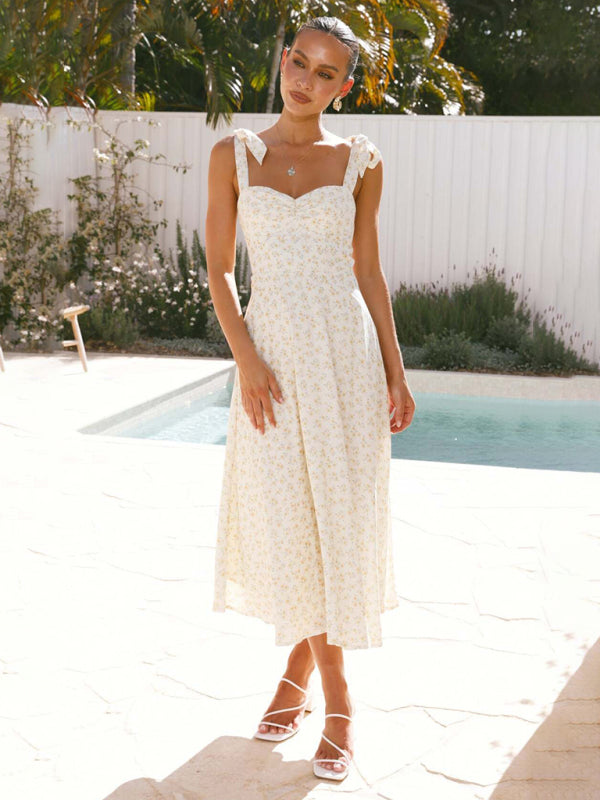 Floral Suspender Midi Dress – Lightweight Woven Polyester, Summer Casual Style