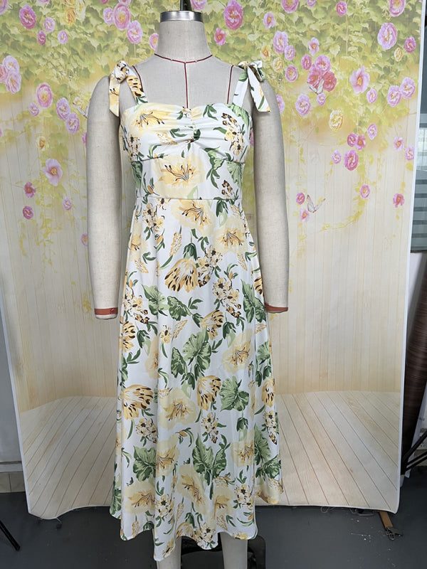 Floral Suspender Midi Dress – Lightweight Woven Polyester, Summer Casual Style