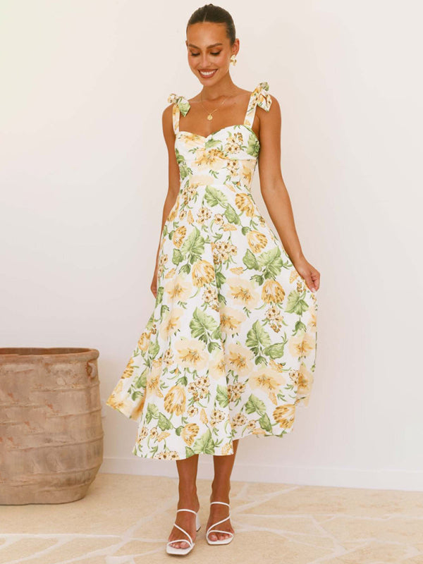 Floral Suspender Midi Dress – Lightweight Woven Polyester, Summer Casual Style