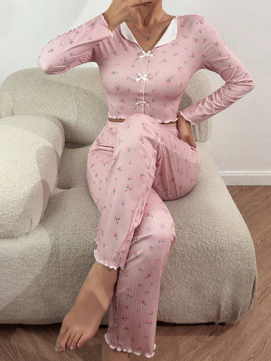 Women's Soft Knit Lounge Set – Printed Long Sleeve Top & Full-Length Pants