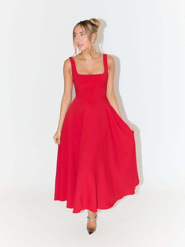 Strappy Solid Color Midi Dress – Sleek Daily Style with Seamless Fit