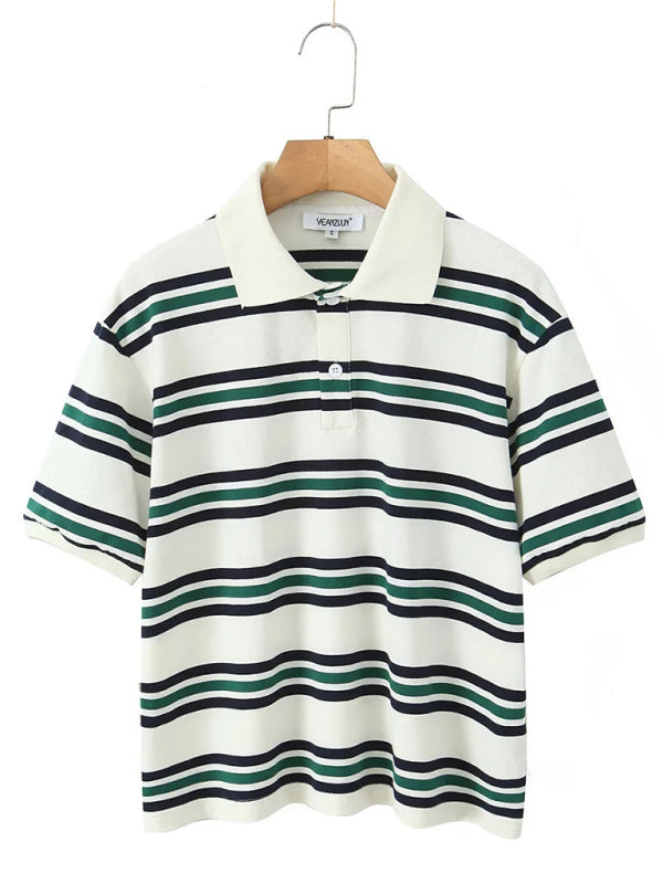 Striped Polo Neck Short Sleeve T-Shirt