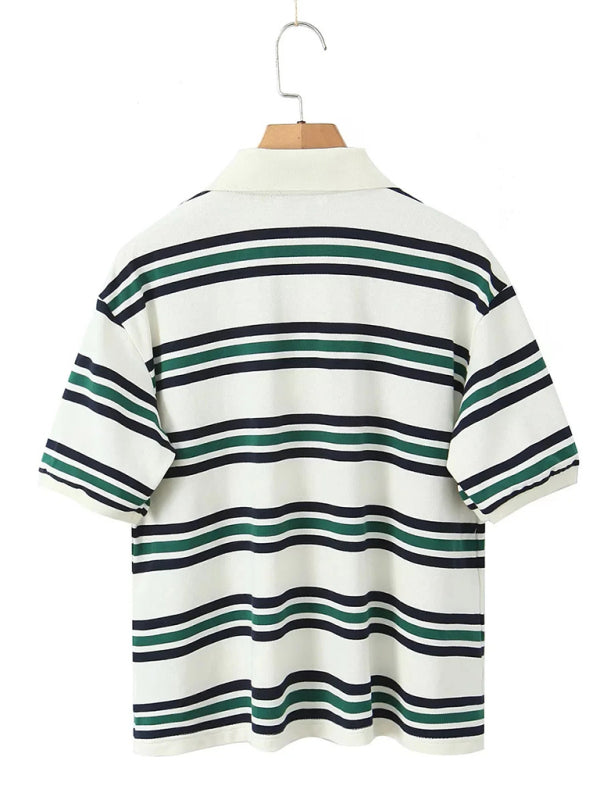 Striped Polo Neck Short Sleeve T-Shirt