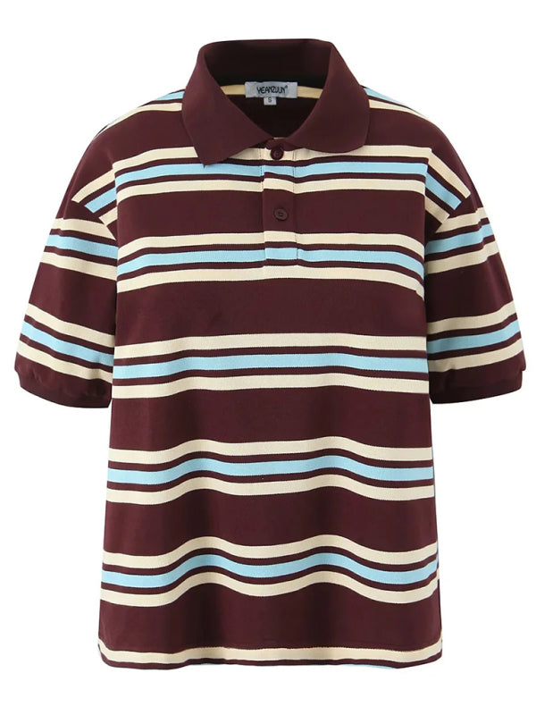 Striped Polo Neck Short Sleeve T-Shirt