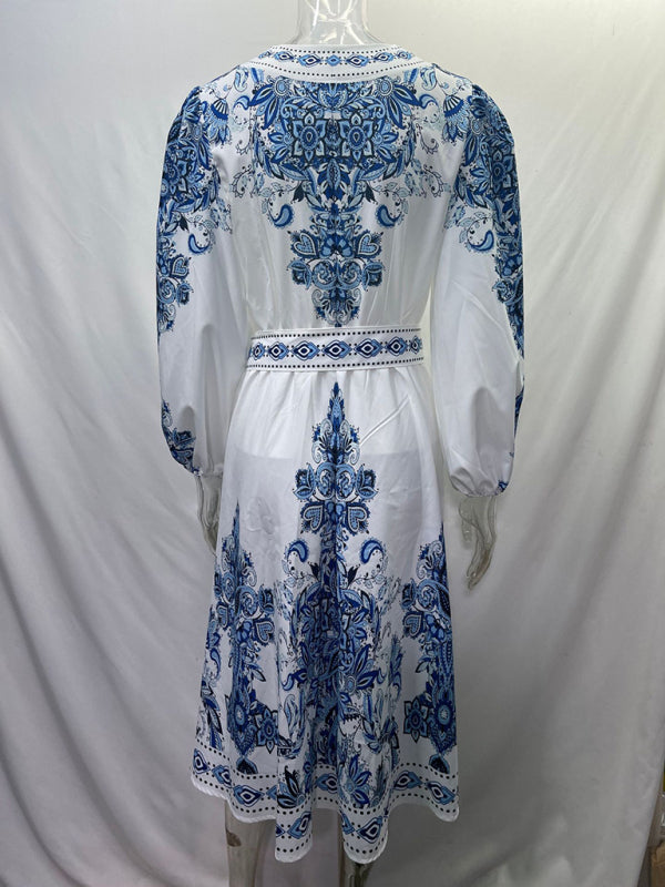 Bohemian V-Neck Long Sleeve Midi Dress