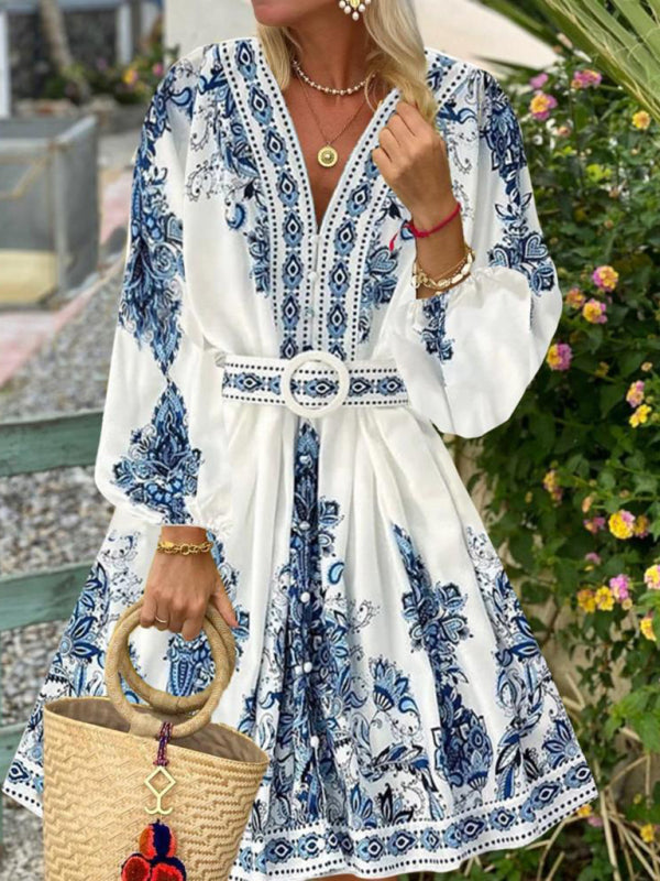Bohemian V-Neck Long Sleeve Midi Dress