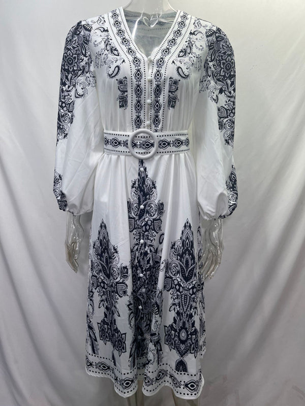 Bohemian V-Neck Long Sleeve Midi Dress