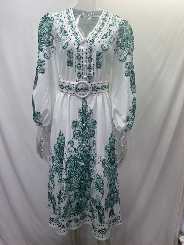 Bohemian V-Neck Long Sleeve Midi Dress