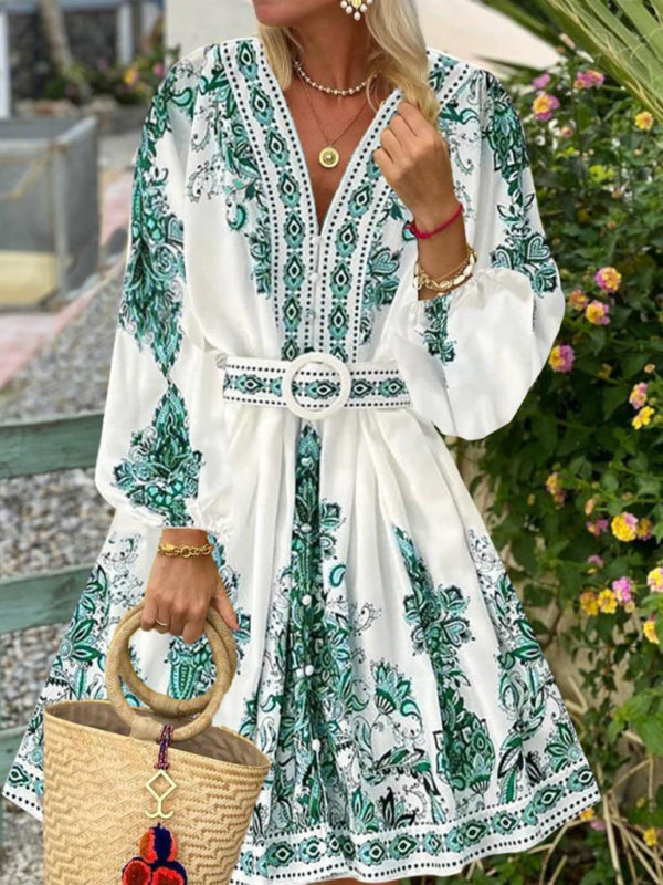 Bohemian V-Neck Long Sleeve Midi Dress