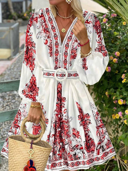 Bohemian V-Neck Long Sleeve Midi Dress