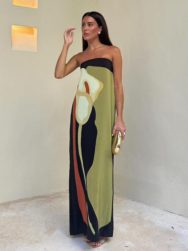 Backless Slim-Fit Sleeveless Midi Dress – Wrap Chest & Printed Design