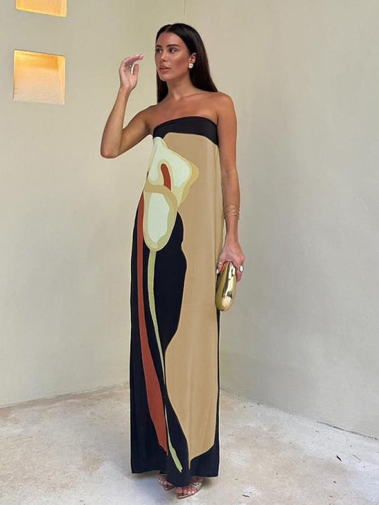 Backless Slim-Fit Sleeveless Midi Dress – Wrap Chest & Printed Design