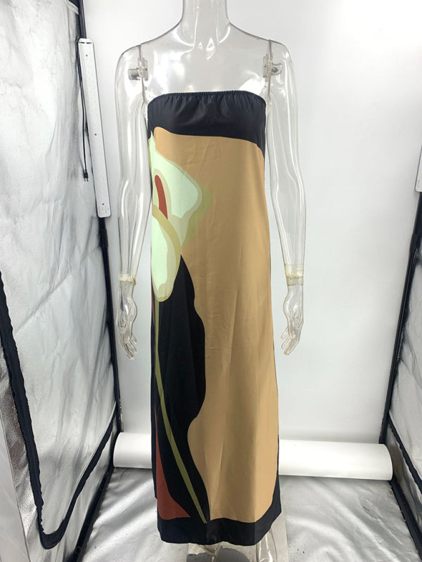 Backless Slim-Fit Sleeveless Midi Dress – Wrap Chest & Printed Design