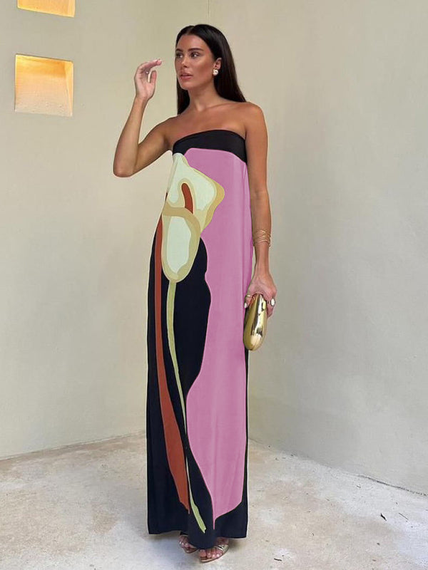 Backless Slim-Fit Sleeveless Midi Dress – Wrap Chest & Printed Design