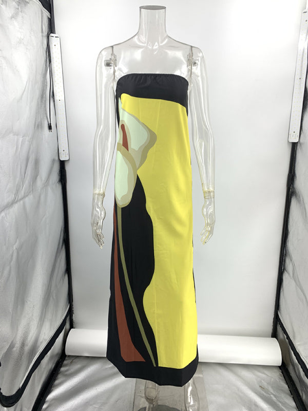 Backless Slim-Fit Sleeveless Midi Dress – Wrap Chest & Printed Design