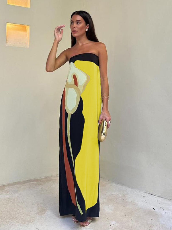 Backless Slim-Fit Sleeveless Midi Dress – Wrap Chest & Printed Design